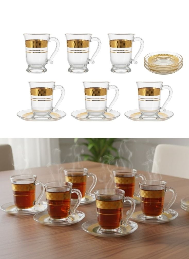 بريميم طقم أكواب شاي فاخرة من الزجاج الشفاف مكوّن من ست قطع مع شريط ذهبي – أكواب شاي أنيقة بمقابض وصحون للتقديم - Image 1